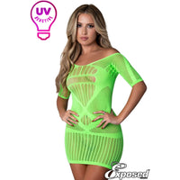 blonde female wearing Seamless sheer stretch net dress with ¾ sleeves and a strappy print all-over. in green,  front view
