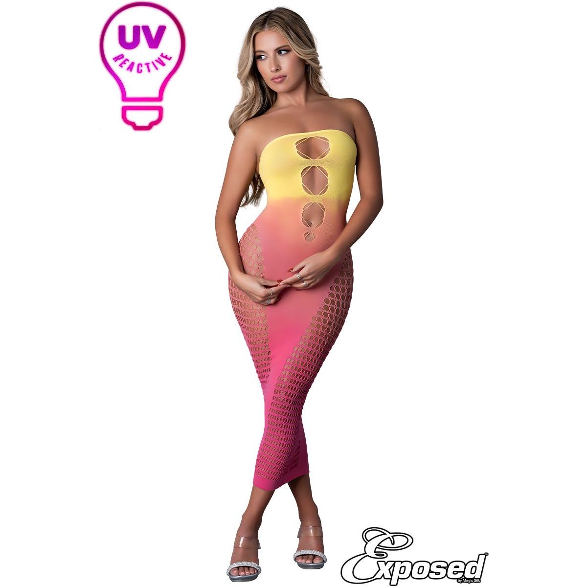 blonde female wearing Seamless stretch midi tube dress with a strapless neckline and honeycomb net over the sides. past knees, in yellow & pink ombre, front view