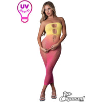 blonde female wearing Seamless stretch midi tube dress with a strapless neckline and honeycomb net over the sides. past knees, in yellow & pink ombre, front view