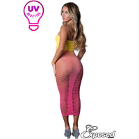 blonde female wearing Seamless stretch midi tube dress with a strapless neckline and honeycomb net over the sides. past knees, in yellow & pink Ombre, back view