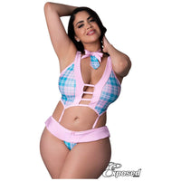- Soft stretch plaid jersey teddy with soft cups, a cutout middle, very thick adjustable straps, a ruffle waistband, 2 adjustable back straps and a thong-cut back
- Shirt collar with an attached plaid tie featuring a big bow and a velcro neck closure plus size