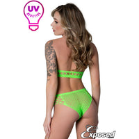blonde female wearing Seamless stretch net teddy with a high halter neckline, wide cutouts over the sides and bust and strappy honeycomb sides. in green, back view