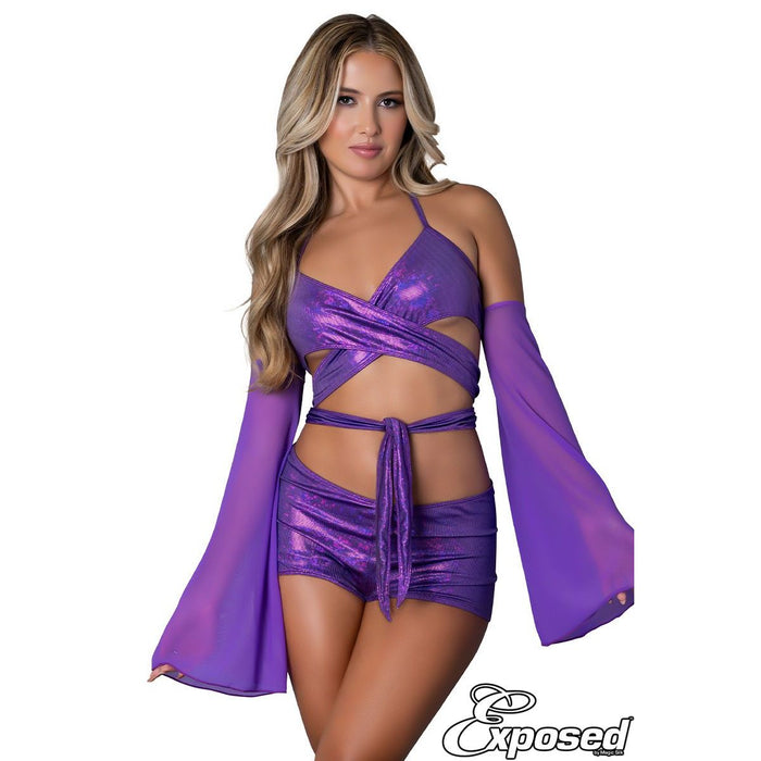 Woman wearing a purple outfit  on a white background