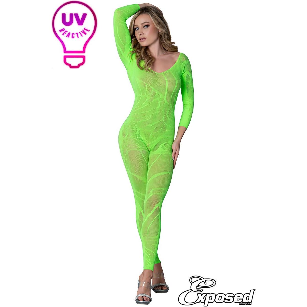 blonde female wearing Seamless stretch net bodystocking with delicate opaque designs all-over, a strapless neckline and long sleeves, in green, front view