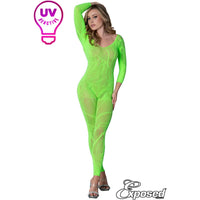 blonde female wearing Seamless stretch net bodystocking with delicate opaque designs all-over, a strapless neckline and long sleeves, in green, front view