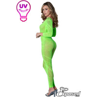 blonde female wearing Seamless stretch net bodystocking with delicate opaque designs all-over, a strapless neckline and long sleeves, in blue, back view