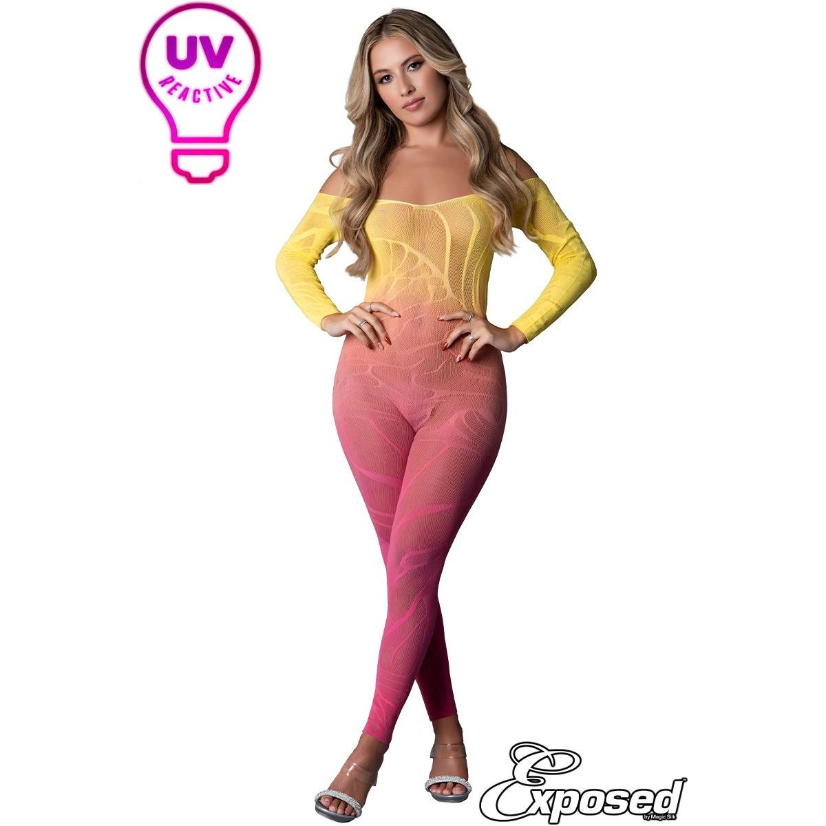 blonde female wearing Seamless stretch net bodystocking with delicate opaque designs all-over, a strapless neckline and long sleeves, in pink & yellow ombre, front view