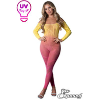blonde female wearing Seamless stretch net bodystocking with delicate opaque designs all-over, a strapless neckline and long sleeves, in pink & yellow ombre, front view