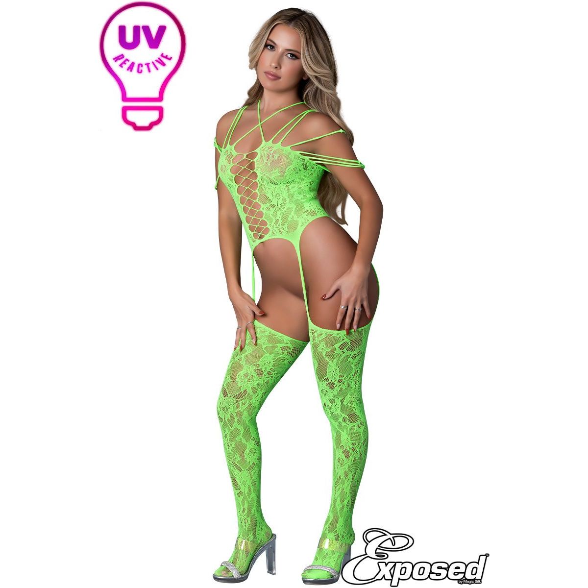 blonde female wearing Seamless stretch lace bodystocking with a criss-cross strappy neckline, a fixed elastic lace-up front, , fixed elastic shoulder straps and attached elastic garters linked to matching thigh high stockings. in green, front view