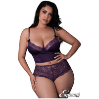 female wearing purple cami with lace trip on cups, with lace booty shorts