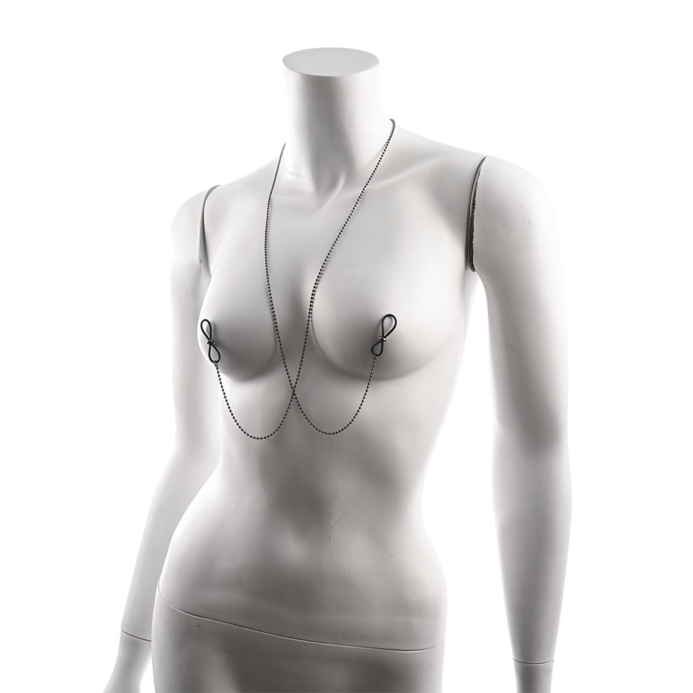 around the neck nipple jewlery that crosses over front of the chest and loops onto the nipples