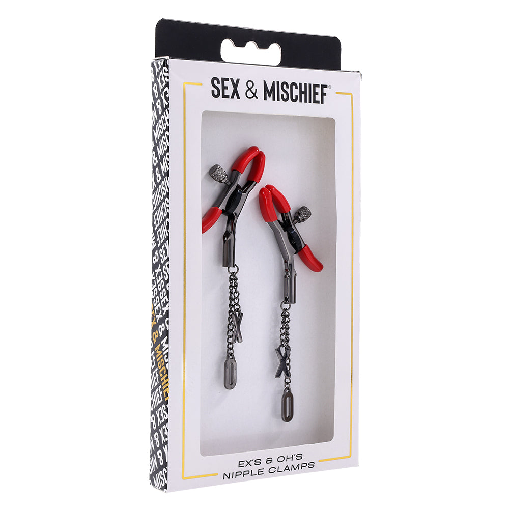 red and black nipple clamps with twist for tightening, dangling xo on each one, on box packaging