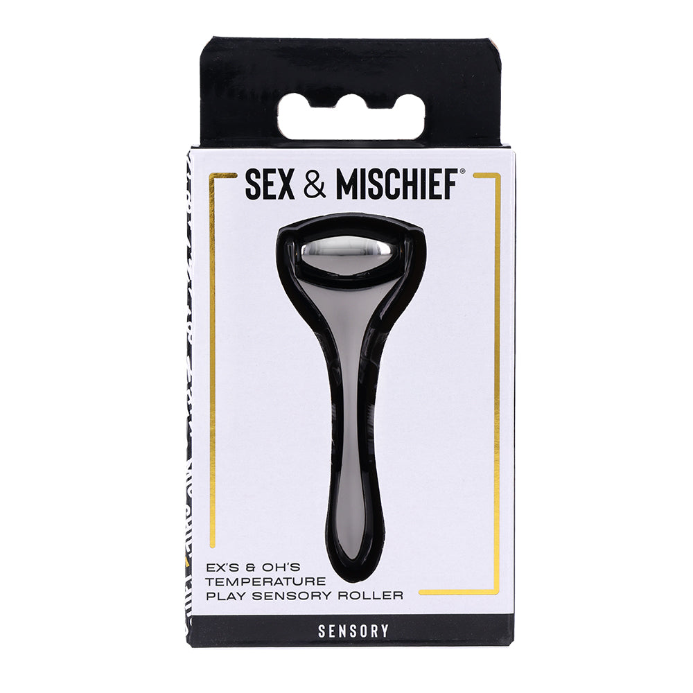 grey and black handle, with grey and black roller on top for temperature sensory play on box packaging