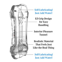 Clear sexual product with labeled features on a white background