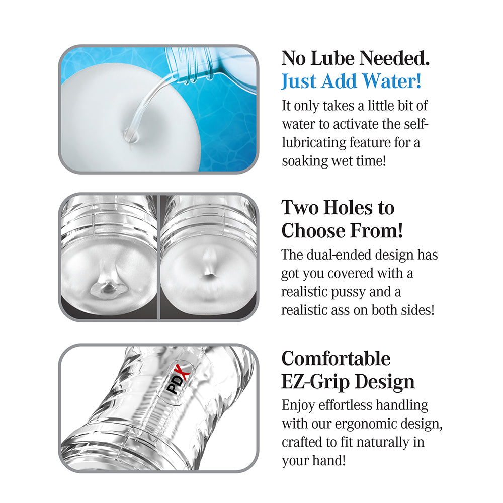 Product advertisement with text and images of a dual-ended product, water activation, and ergonomic design.