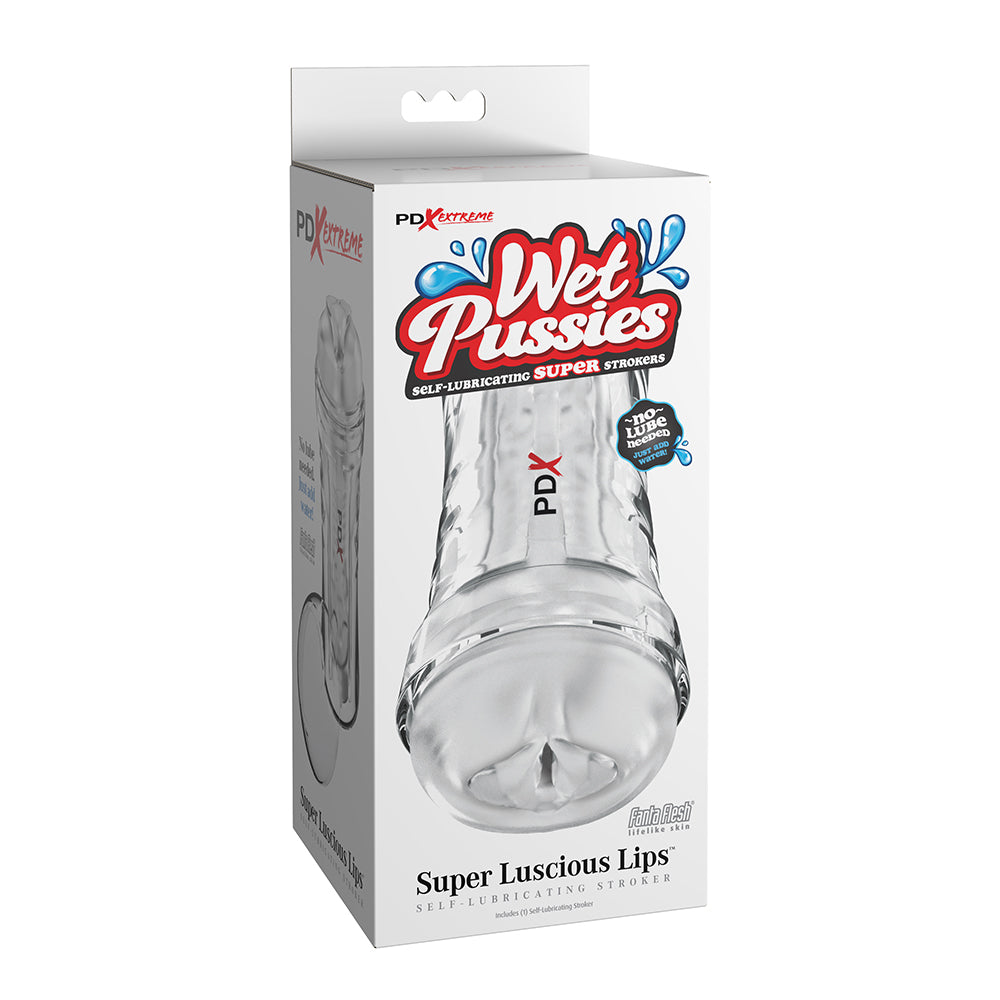 Product packaging for 'Wet Pussies' with a clear masturbator inside on a white background