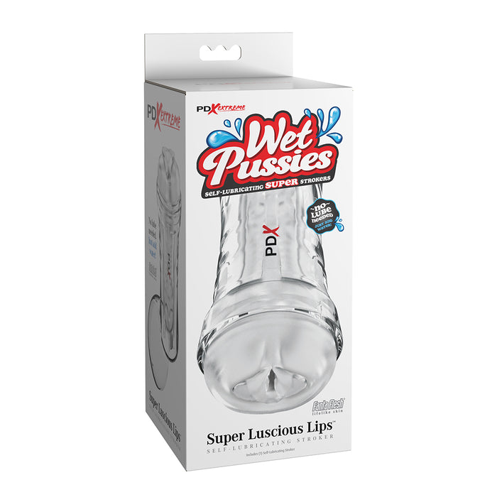 Product packaging for 'Wet Pussies' with a clear masturbator inside on a white background