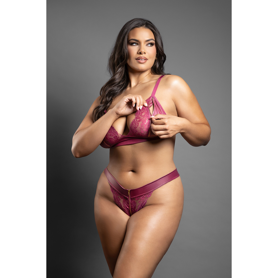 Bralette and panty in leatherette and lace with zipper details (Berry)