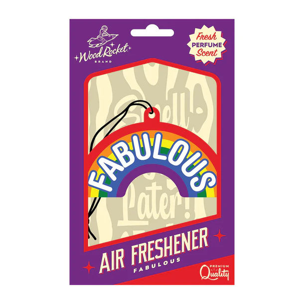 Packaging of the Fabulous Air Freshener with a rainbow-themed design and the text 'FABULOUS' in bold letters. The product is hanging from a string and has the tagline 'Fresh Perfume Scent'.