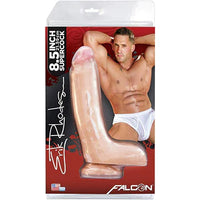 a beige detailed penis shaped dildo with balls and a suction cup, shown in its red display box with a man in white underwear