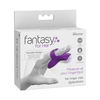 purple silicone finger vibrator in a white box
