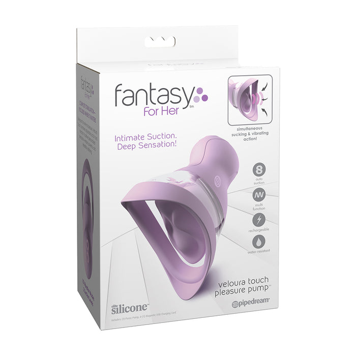 Fantasy For Her Veloura Touch Pleasure Pump by Pipedream in purple, shown in retail packaging.