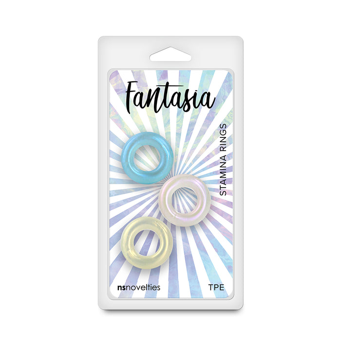 Packaged product stamina cock rings 3pk with 'Fantasia' branding and colorful rings on a white background