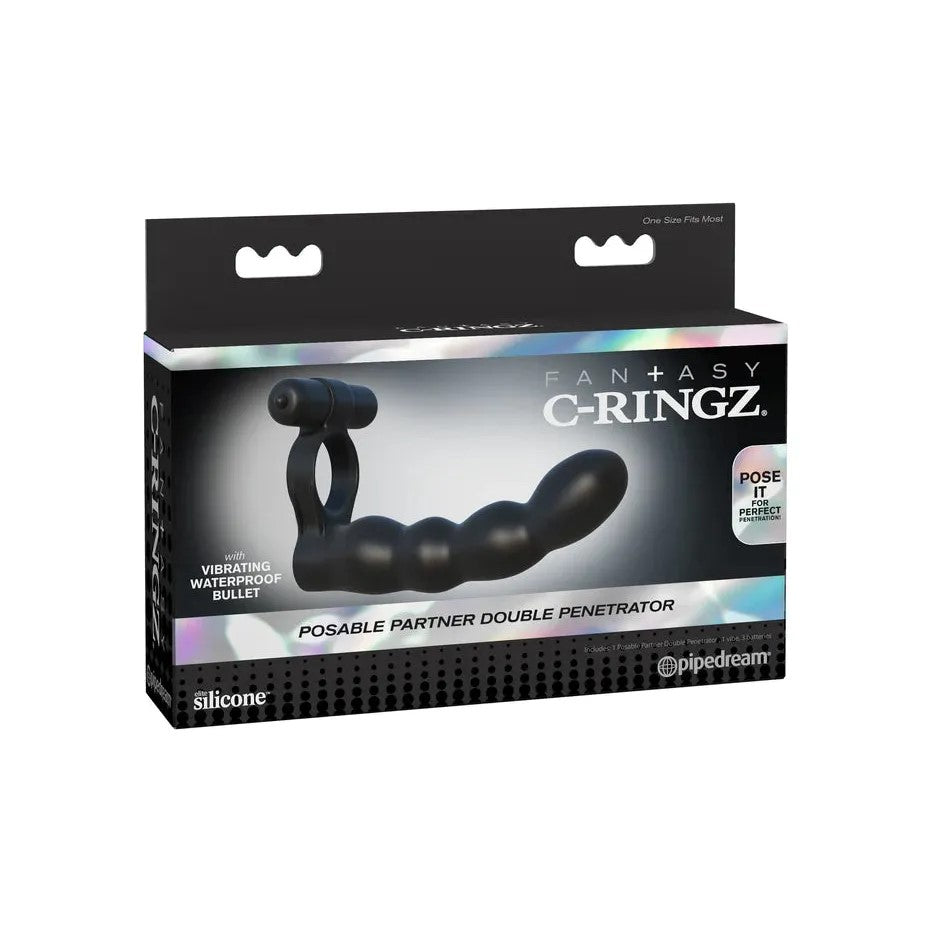 black box with picture of black cock ring with posable double penetrator