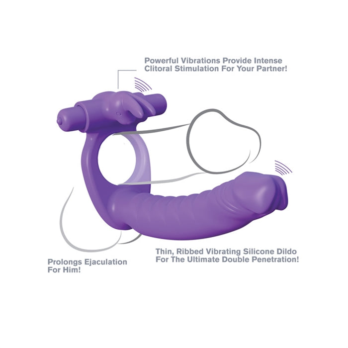 display of purple cockring with rabbit attachment and ribbed dildo attachment
