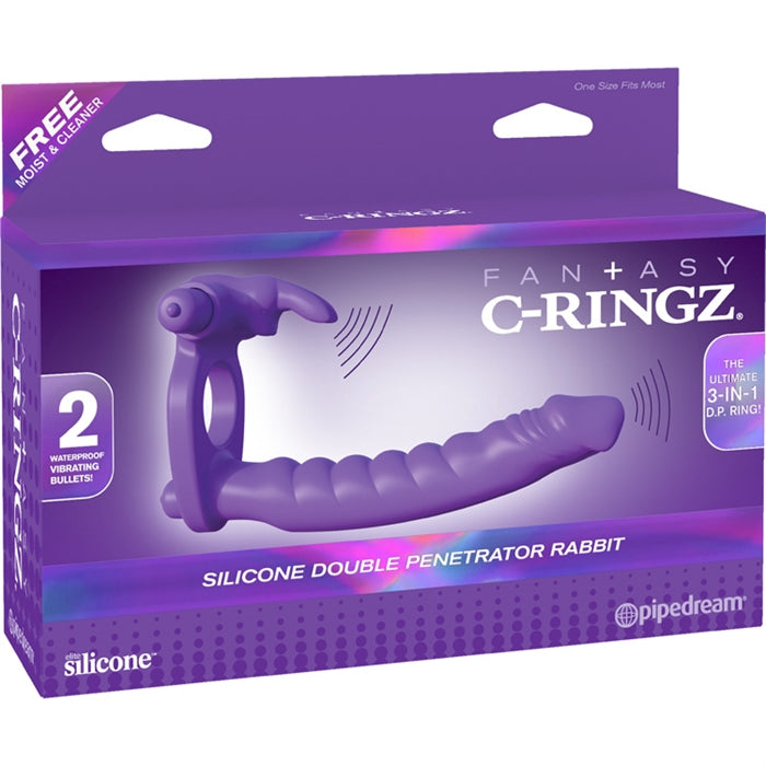 purple box with picture of purple cock ring with rabbit stimulator and ribbed vibrating dildo