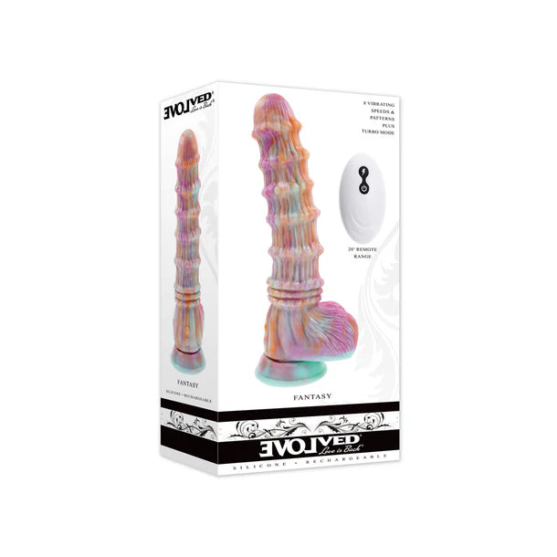 multi colored paint design vibrating dildo with ripped from bae to top for texture, suction cup bottom, with remote control. on box packaging