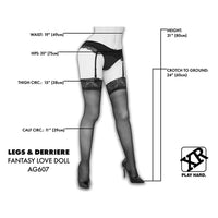 Measurement chart for a fantasy love doll with black stockings and white top.