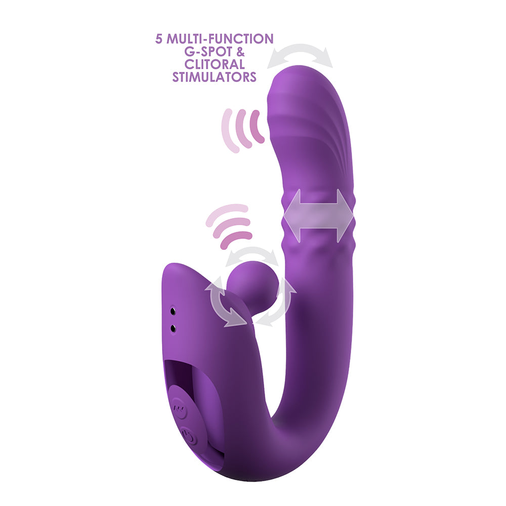 Purple multi-function G-Spot and clitoral stimulator on a white background