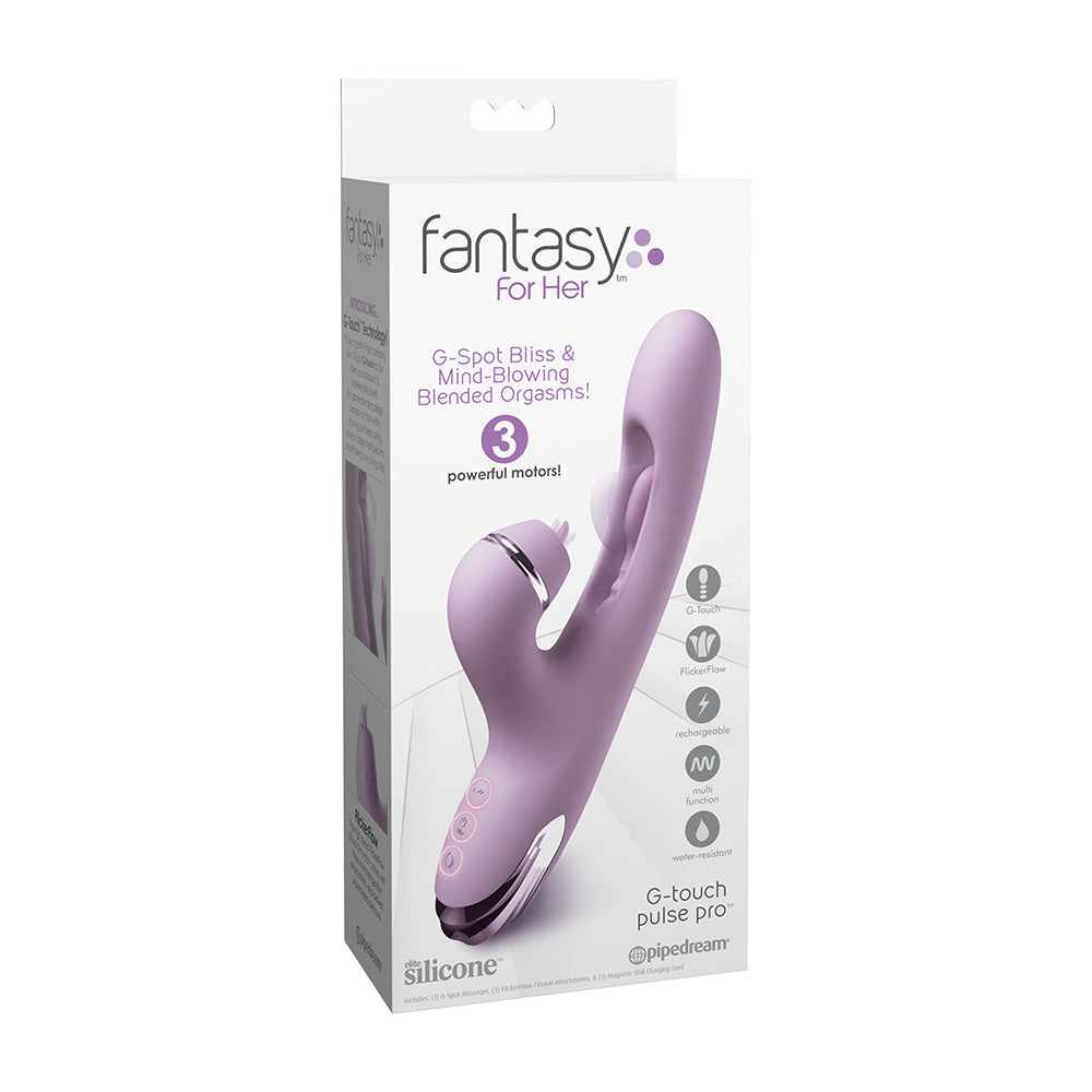 Fantasy For Her G-Spot Bliss & Mild-Slowing Blended Orgasms in its original retail packaging, featuring a lavender-colored silicone device on a white box.