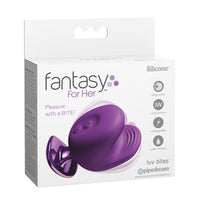 Product packaging for 'fantasy for her' silicone nipple luv bites with purple design on a white background