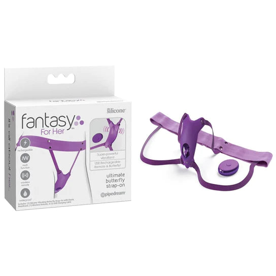 a purple palm sized curved vibrator with attached elastics to a purple waist band. There is also a purple remote control and is shown next to its white display box