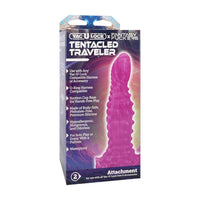 Purple 'Tentacled Traveler' product packaging with text on a white background
