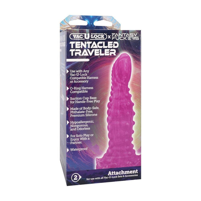 Purple 'Tentacled Traveler' product packaging with text on a white background