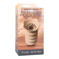 ribbed outter texture, with hyper textured stroker inside masturbator on box packaging in beige