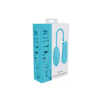 vibrating egg with remote control, in blue, on box packaging