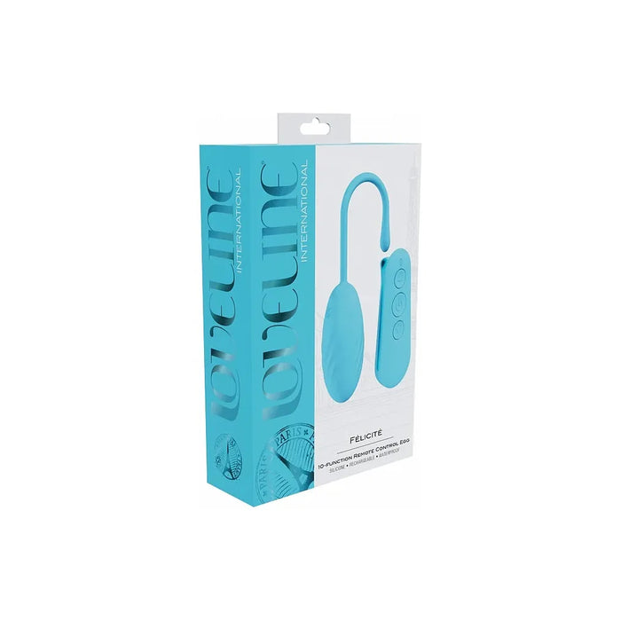 vibrating egg with remote control, in blue, on box packaging