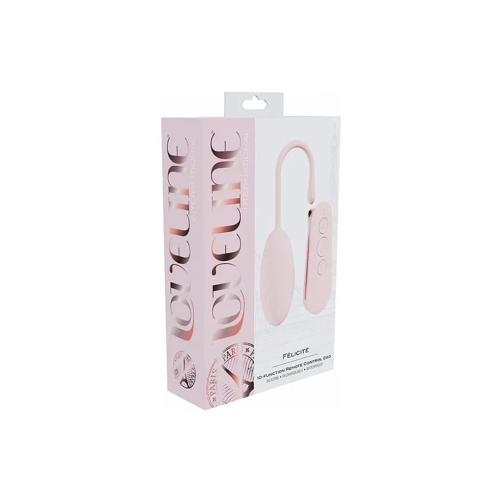vibrating egg with remote control, in pink, on box packaging