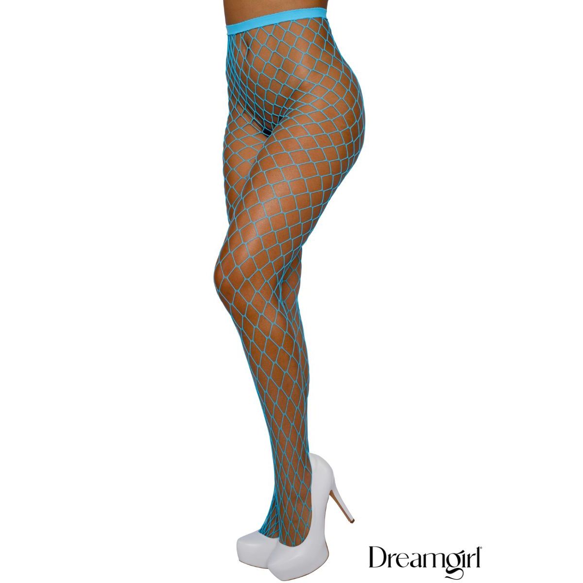 Fishnet stockings with blue top and white shoes on a white background, featuring the brand 'Dreamgirl'.