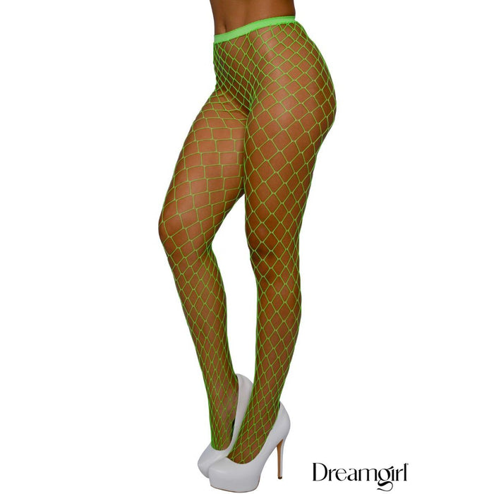 Green fishnet stockings worn by a model on a white background with 'Dreamgirl' branding.
