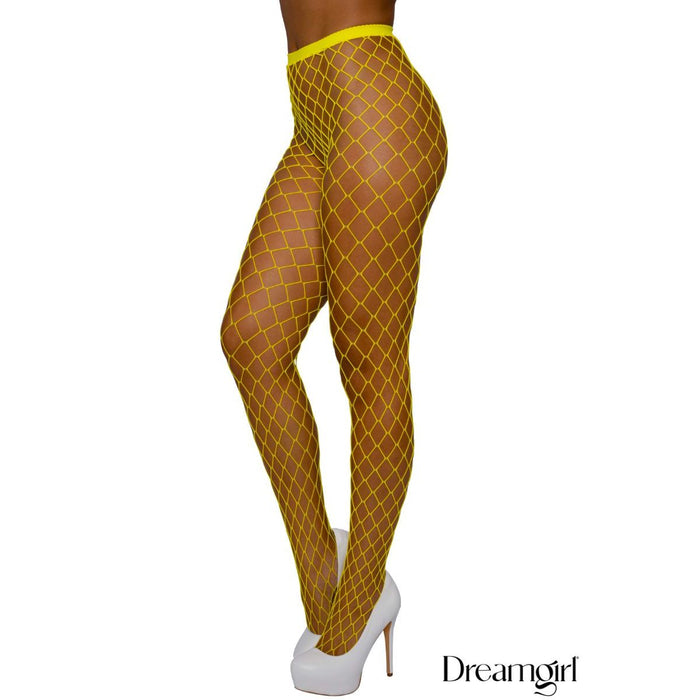 Yellow fishnet stockings worn by a person on a white background, with 'Dreamgirl' branding.