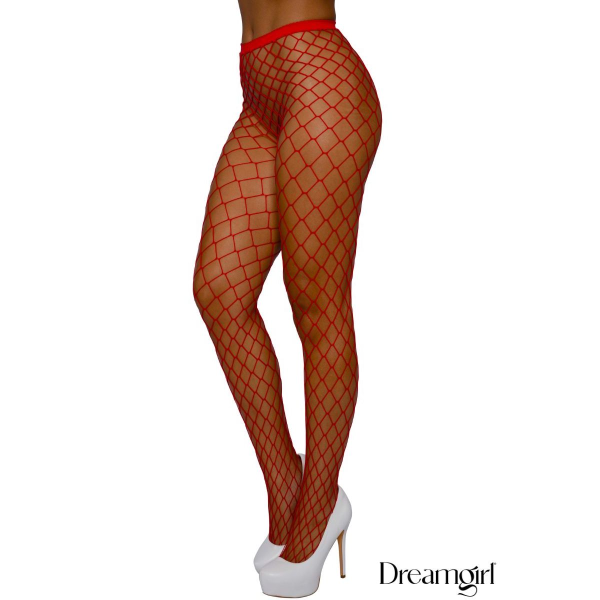 Red fishnet stockings worn by a model on a white background with 'Dreamgirl' branding.