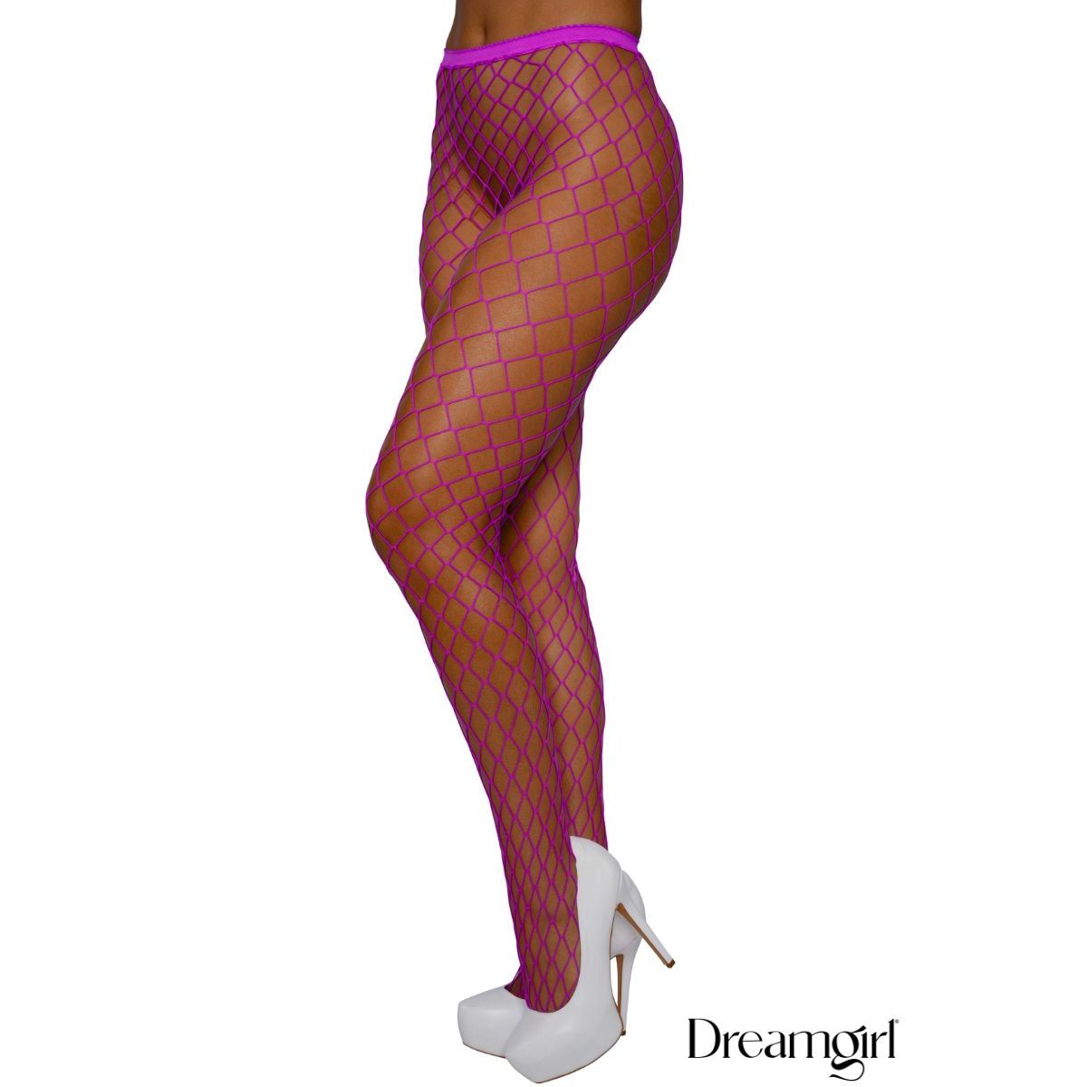 Fishnet stockings with a grid pattern worn by a person on a white background, featuring the brand 'Dreamgirl'.