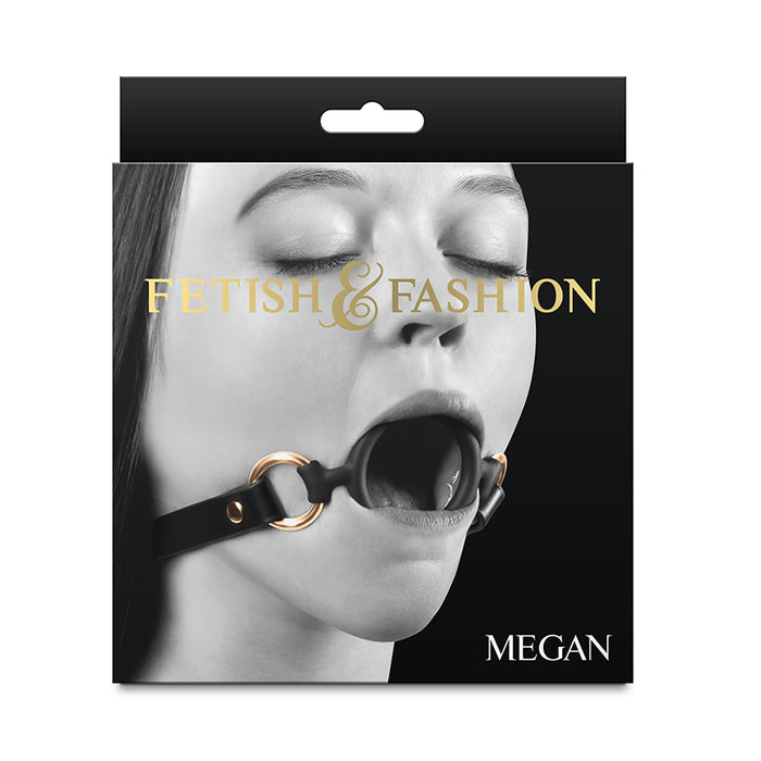 black o ring open mouth gag, with gold rings on sides