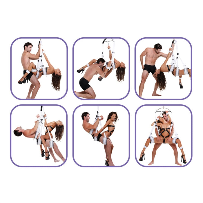 Six poses of a man and woman in a sex swing on a white background