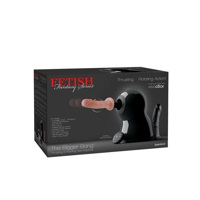 grey box with black sex machine with beige dildo attached to it, with reote and black dildo behind the sex machine